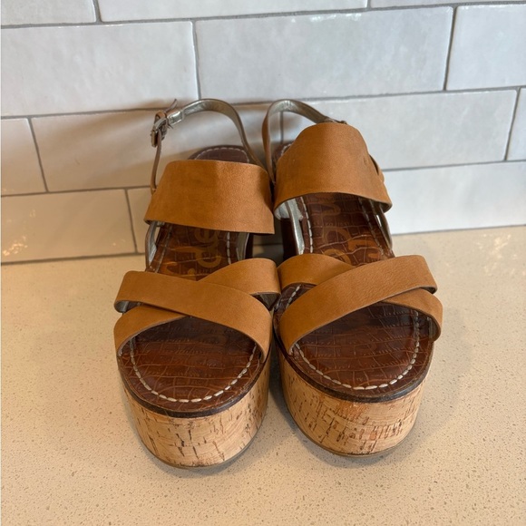 Sam Edelman Size 9.5 Destiny Brown Leather Platform Cork Wedge Sandals Tan - Picture 3 of 6